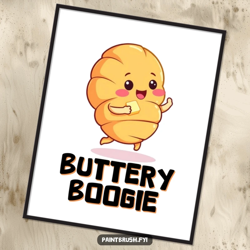 Funny croissant character performing a cheerful jig with a pat of butter, a digital artwork radiating breakfast fun and charm.