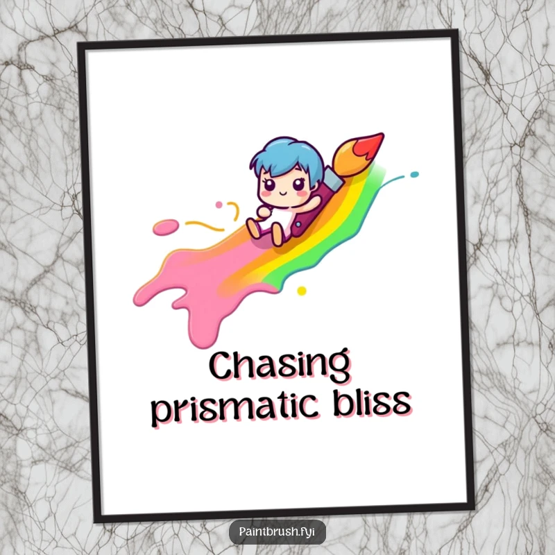 Funny paintbrush character joyfully sliding down a vibrant rainbow paint streak, a digital art print embodying artistic happiness and humor.