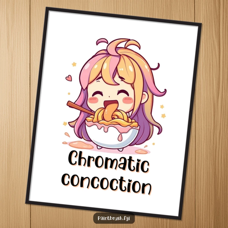 Funny character with a giant stirring tool, energetically mixing vibrant paint colors, humorous digital art.