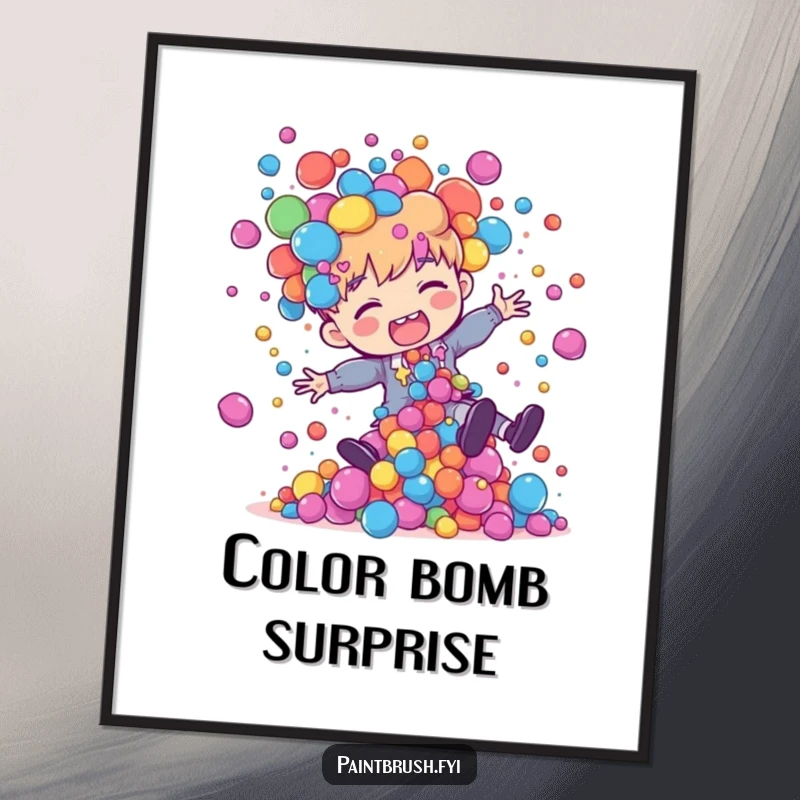 Funny painter character tripping, with a spectacular explosion of colorful paint blobs flying outwards, as a digital art print.