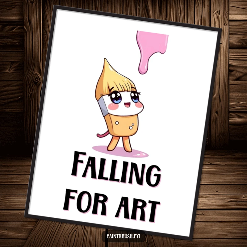 Funny digital art print of a paintbrush character looking up inquisitively at a falling paint drip, symbolizing the wonder of artistic observation.