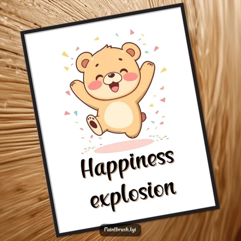 Funny Bear Cub Digital Art Print of a cub joyfully jumping amidst falling confetti, perfect for instant cheerful decor.