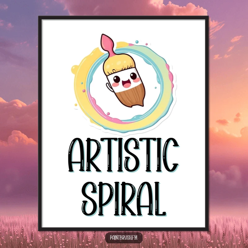 Funny Digital Art Print: Paintbrush character enthusiastically splashing paint in a vibrant spiral pattern, humorous wall art.