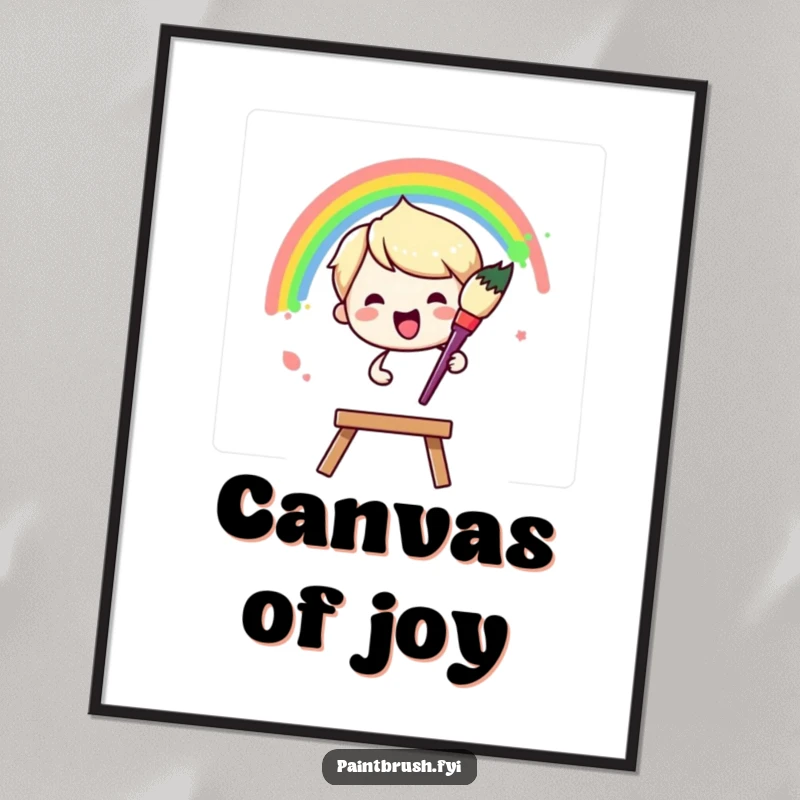 Funny Digital Art Print: Paintbrush character joyfully painting a vibrant rainbow arc across a blank canvas, humorous wall art.