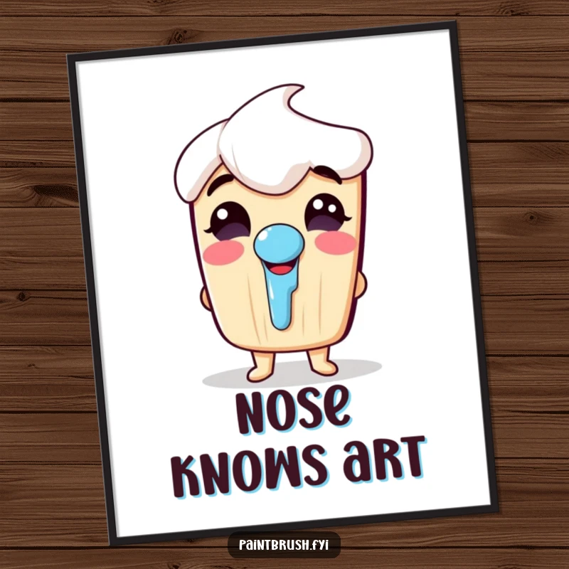 Funny digital art print of a paintbrush character bursting with giggles, its nose humorously dripping paint.
