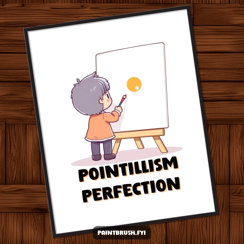 Funny character happily painting a single, vibrant dot on a large canvas, as a minimalist and humorous digital art print.