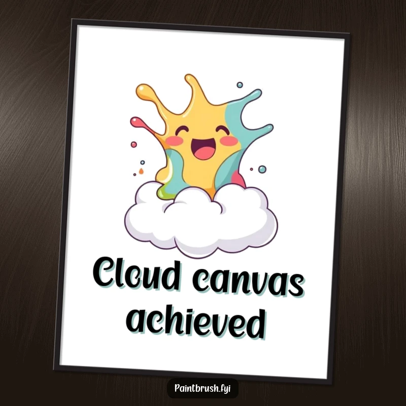 Funny digital art print of a blob of paint joyfully splashing onto a surprised fluffy cloud, exuding humorous creativity, a great funny gift.