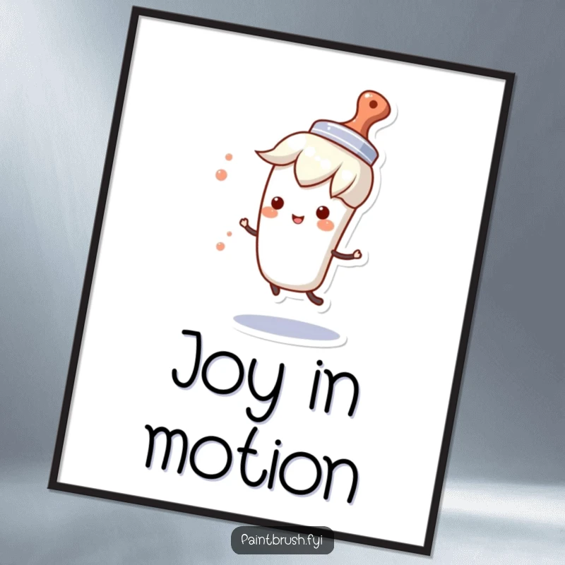 Funny digital art print of a paintbrush character wearing a tiny hat and spinning happily, symbolizing creative fun and joy.