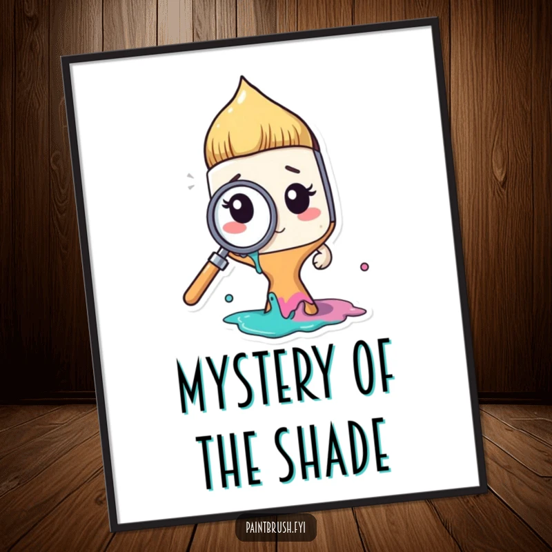 Funny paintbrush character looking quizzically through a magnifying glass at paint, a digital art print embodying artistic curiosity and humor.