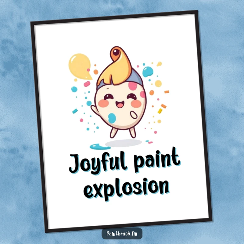 Funny paintbrush digital art print of a small, round character joyfully splattering paint, instant download.