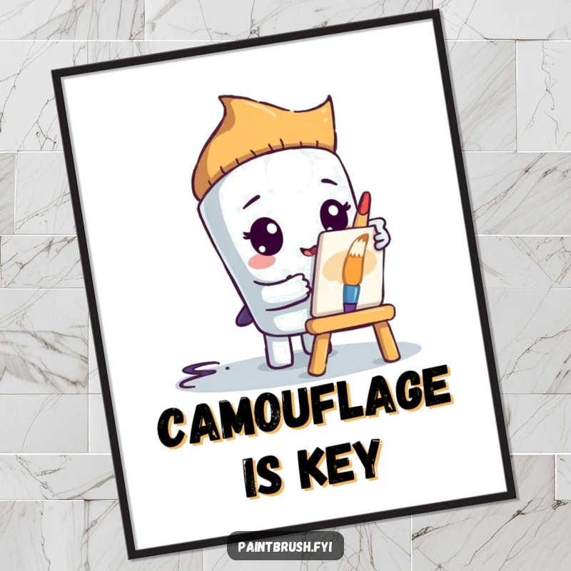 Funny paintbrush character shyly peeking from behind a tiny easel, a digital art print embodying artistic shyness and gentle humor.
