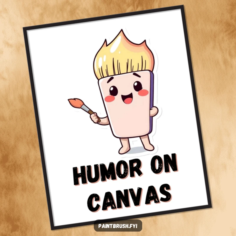 Funny paintbrush character making a hilarious face, holding a brush, in a vibrant digital art print.