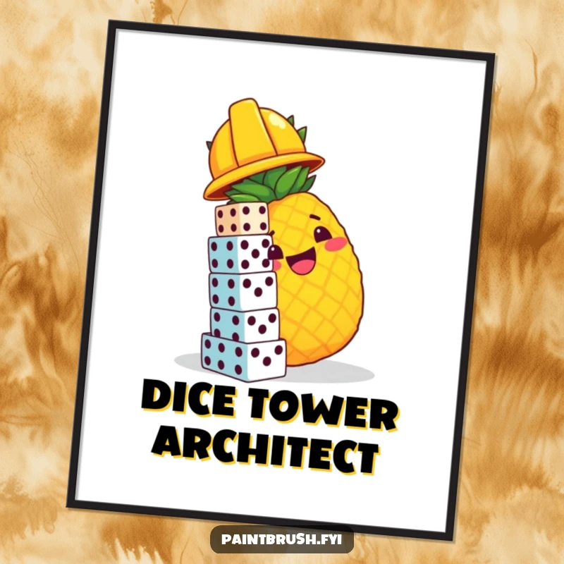 Funny digital art print of a pineapple construction worker building a dice tower, perfect for instant download and cheerful home decor.