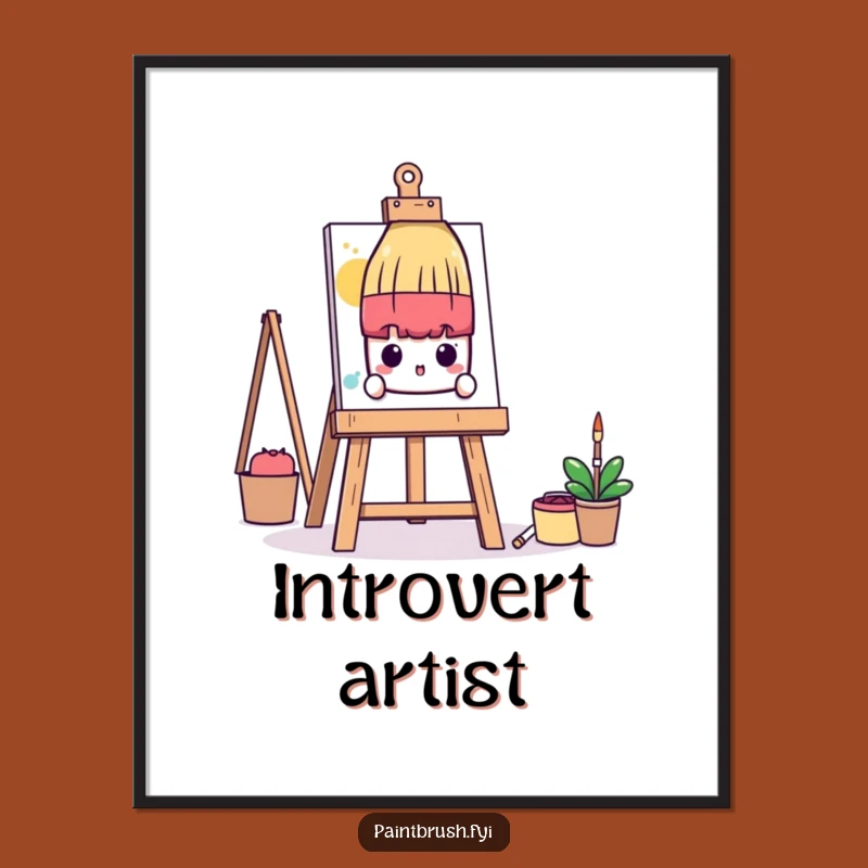 Funny Shy Paintbrush Digital Art: Peeking Artist Print, Perfect Introvert Decor!