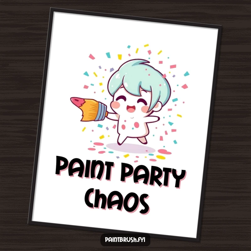 Funny tripping paintbrush character scattering a vibrant explosion of paint confetti in a humorous digital art print.
