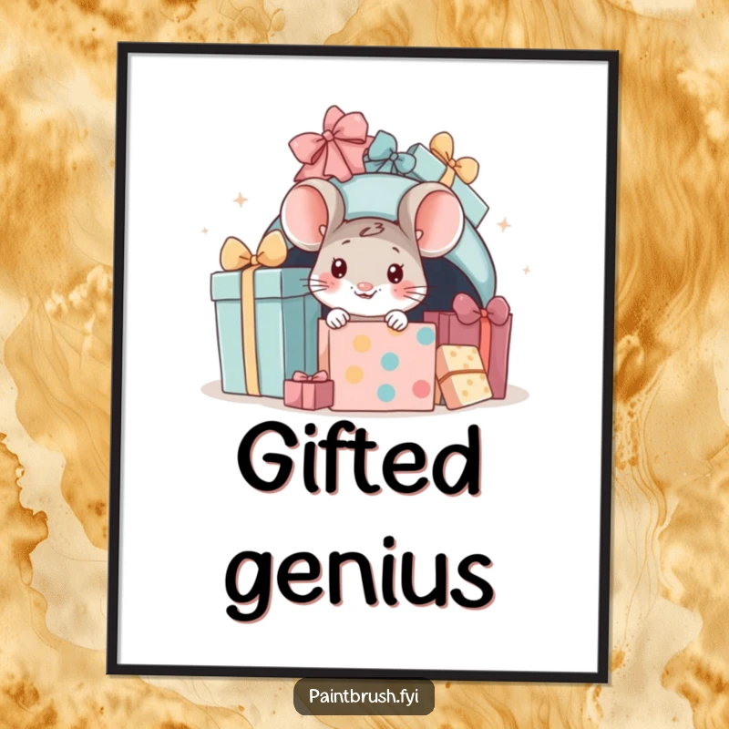 Funny mouse present digital art print, little mouse peeking from beneath a pile of gifts, conveying holiday fun.