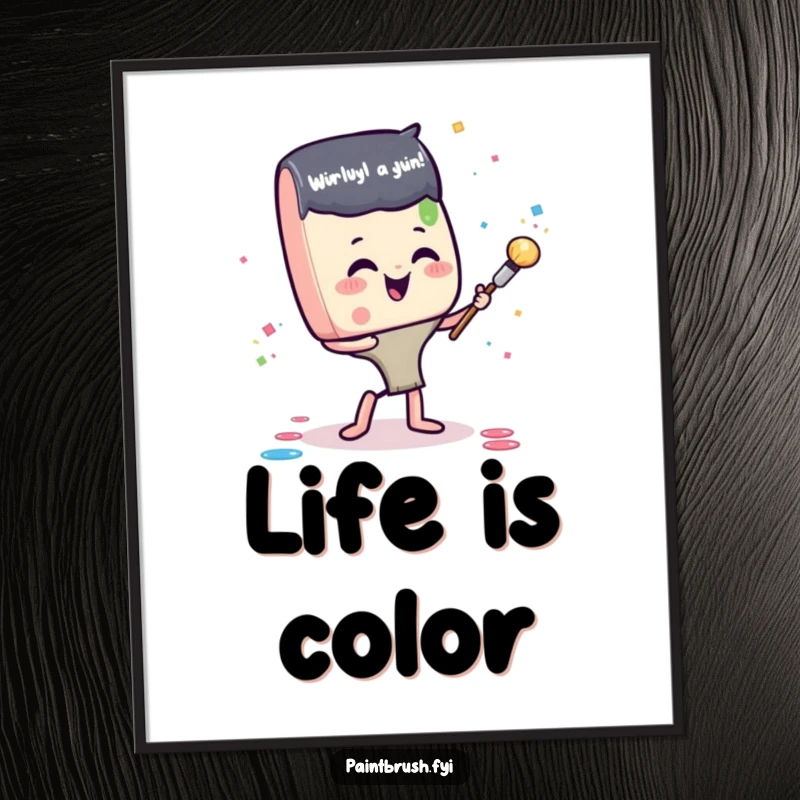 Funny digital art print of a joyful paintbrush character exuberantly throwing paint confetti, capturing the infectious glee of artistic creation.