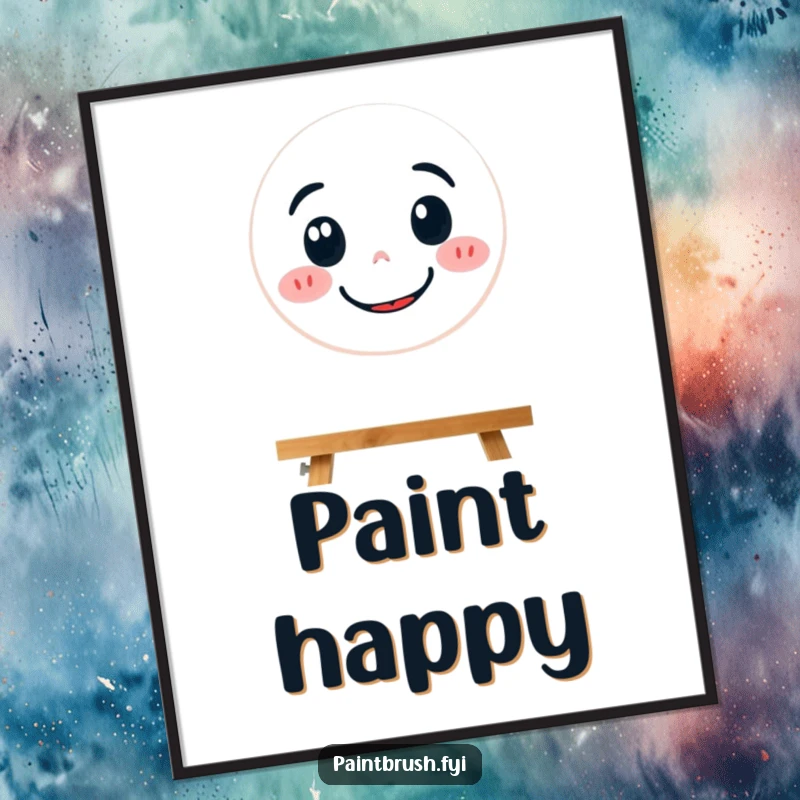 Funny digital art print of a determined paintbrush character focused on painting a large, beaming smiley face.