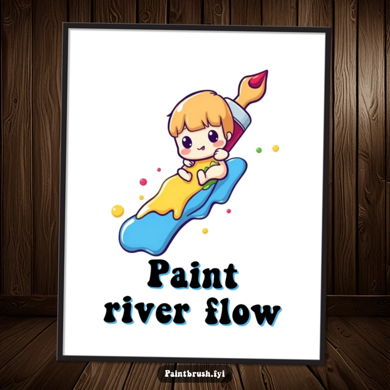 Funny paintbrush digital art print with a character sliding down a rainbow of colorful paint, perfect for instant artistic joy.