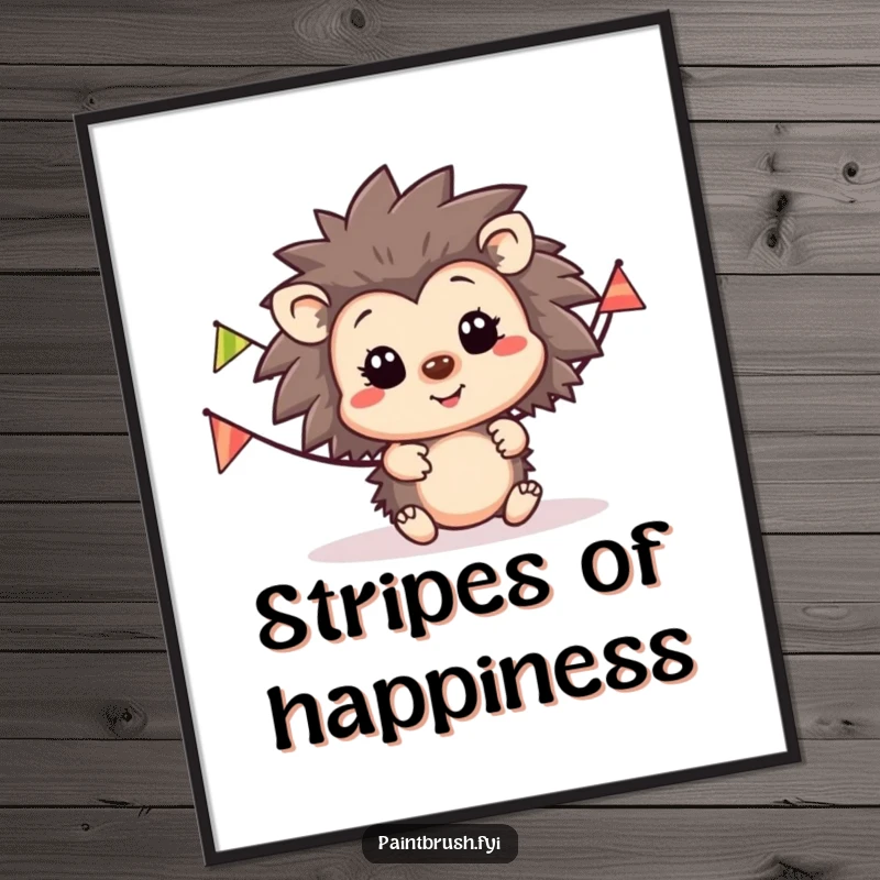 Funny hedgehog party digital art print, happy hedgehog character with a striped party banner, radiating fun and celebration.