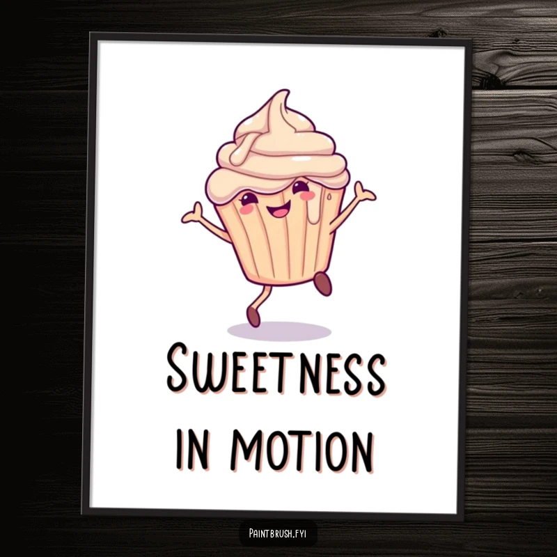 Funny Digital Art Print of a smiling cupcake character with dripping frosting doing a cartwheel, perfect for instant sweet decor.