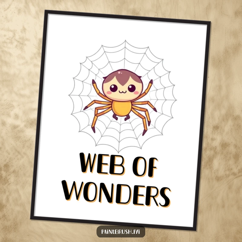 Funny digital art print of a focused spider character weaving a perfectly symmetrical web with precision, symbolizing artistic talent and focus.