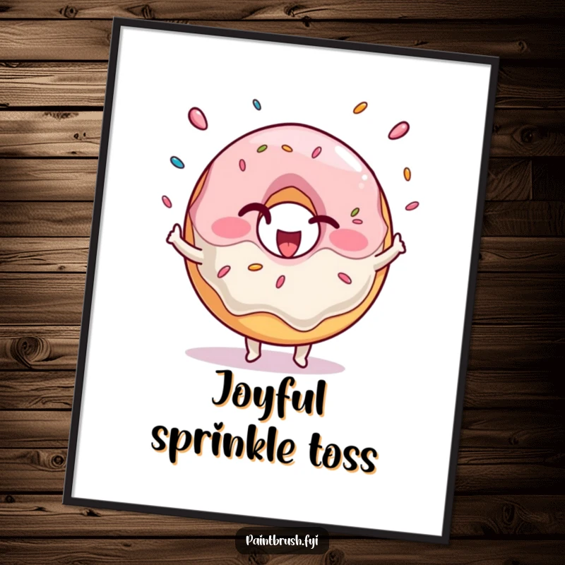 Funny Digital Art Print of a winking donut character gleefully juggling sprinkles, perfect for instant sweet decor.