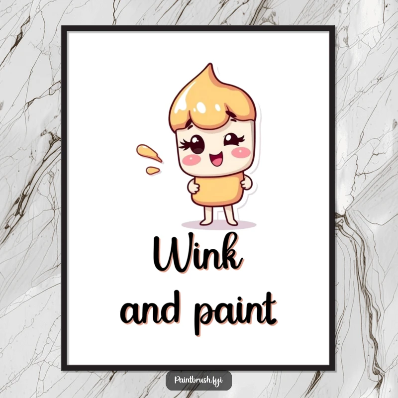 Funny digital art print of a paintbrush character giving a charming wink, featuring a bold paint streak.
