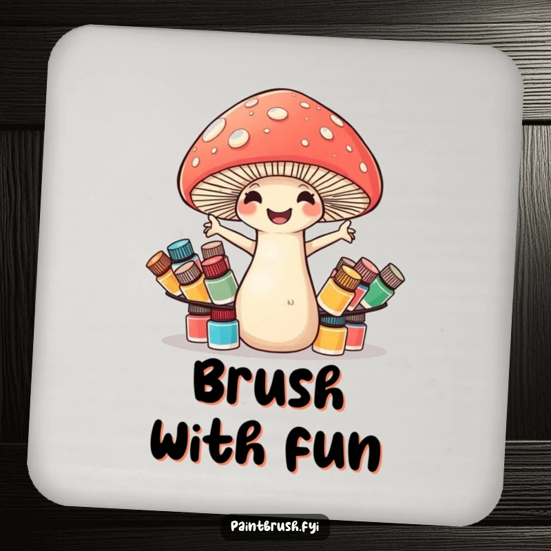 Funny mushroom drink coaster showing a cheerful mushroom struggling to balance numerous tiny paint pots, protecting furniture artfully.