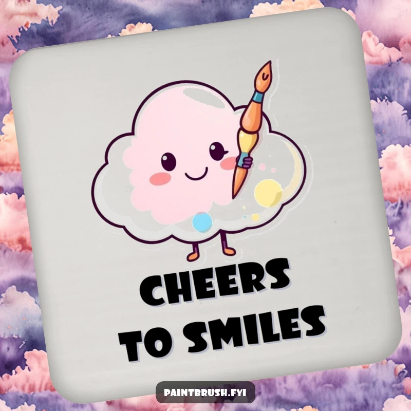 Funny drink coaster featuring a happy paintbrush painting a smiley face on a cloud, bringing artistic cheer to any surface.