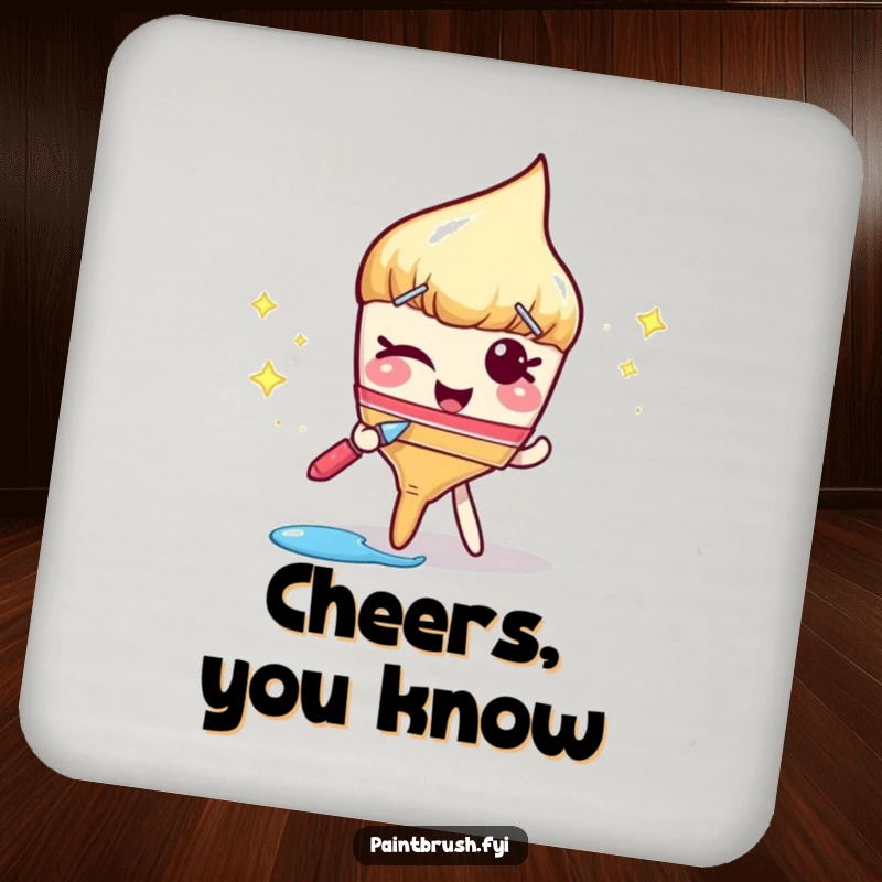 Funny drink coaster featuring a winking paintbrush followed by a trail of sparkly paint, adding a touch of playful elegance.