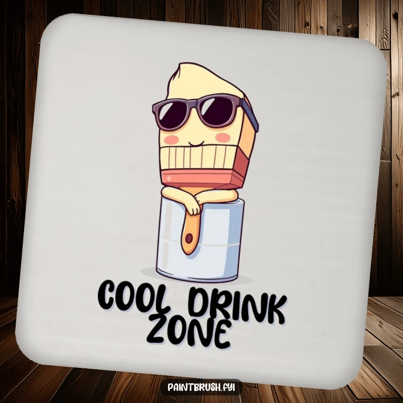 Funny Drink Coasters: Paintbrush character wearing sunglasses and leaning casually on a paint can, humorous table protection.