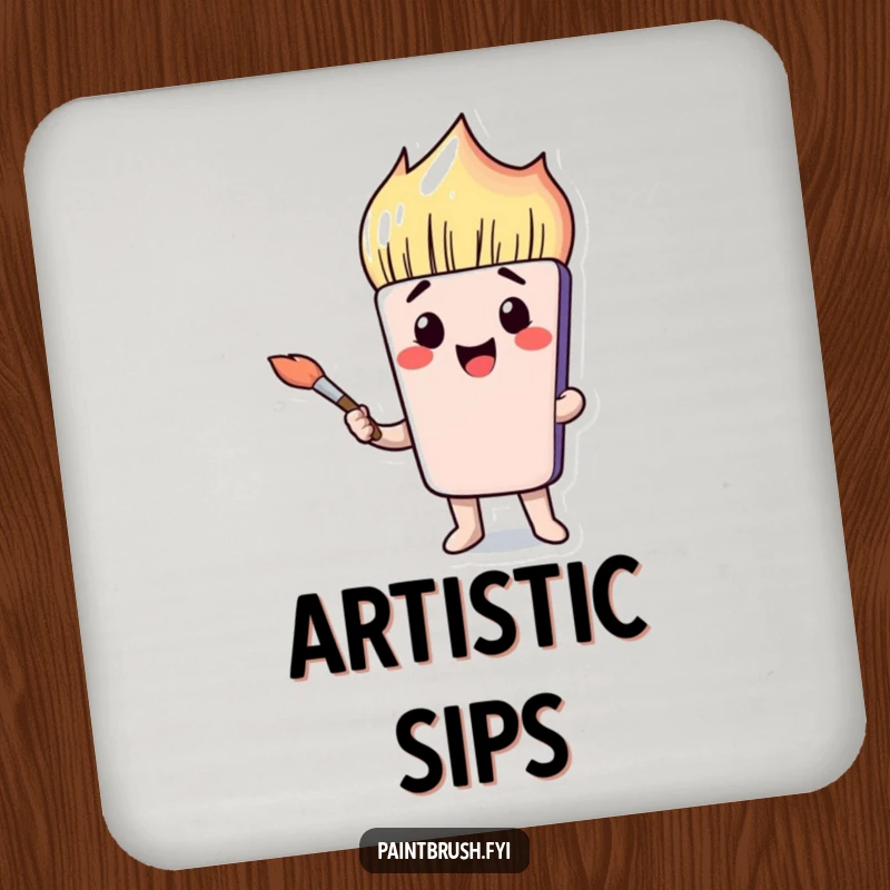 Funny paintbrush character with a comical face on drink coasters, adding artistic humor to any surface.