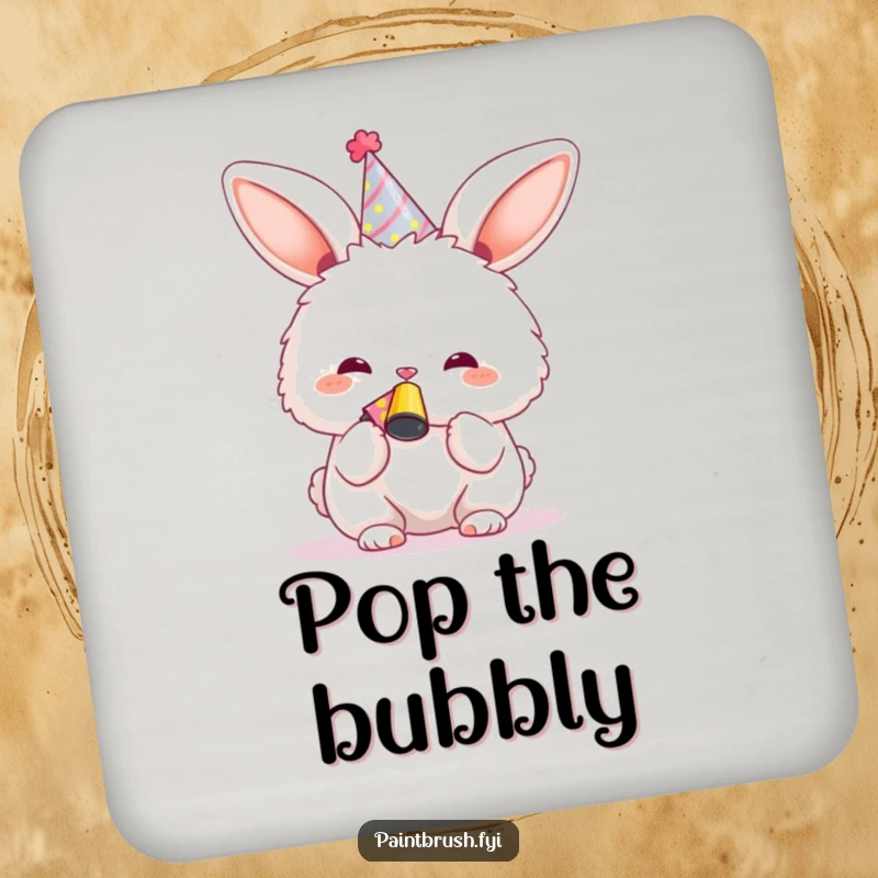 Funny Bunny Drink Coaster featuring a cheerful bunny in a party hat with a noisemaker, adding festive charm.