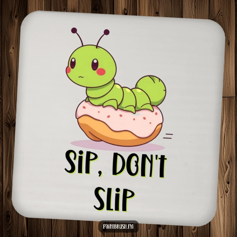 Funny drink coaster featuring a determined caterpillar on a runaway donut, adding a protective and humorous element to any table surface.
