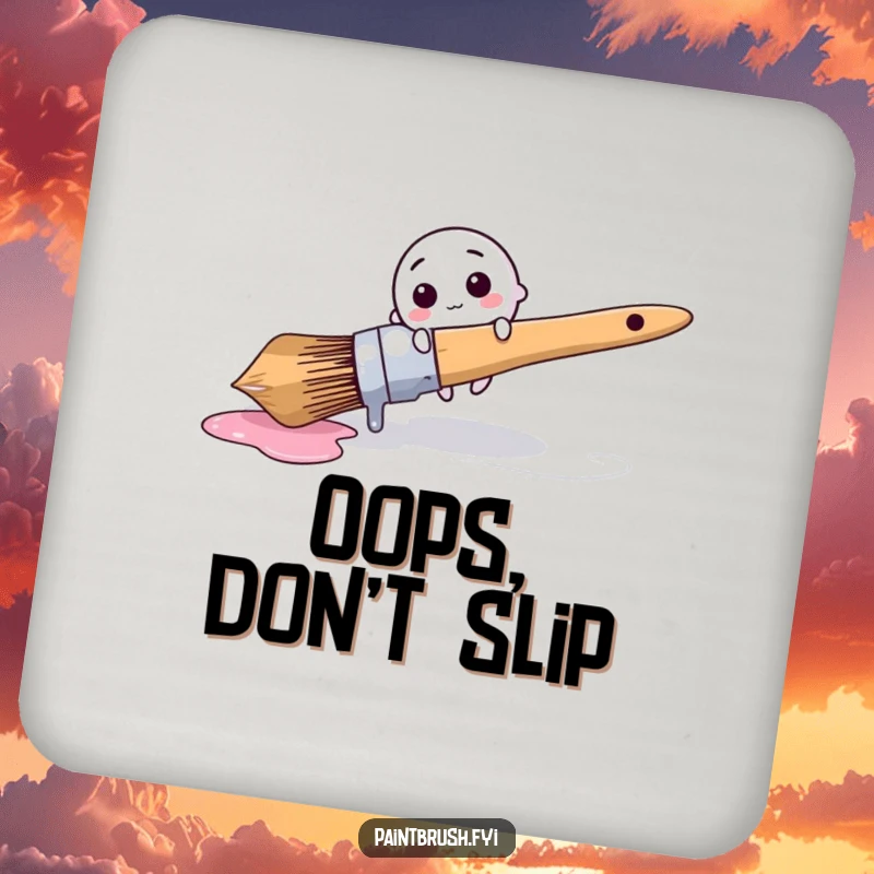 Funny Drink Coasters: Tiny round brush character comically tripping over a giant dripping paintbrush, a humorous table protector.