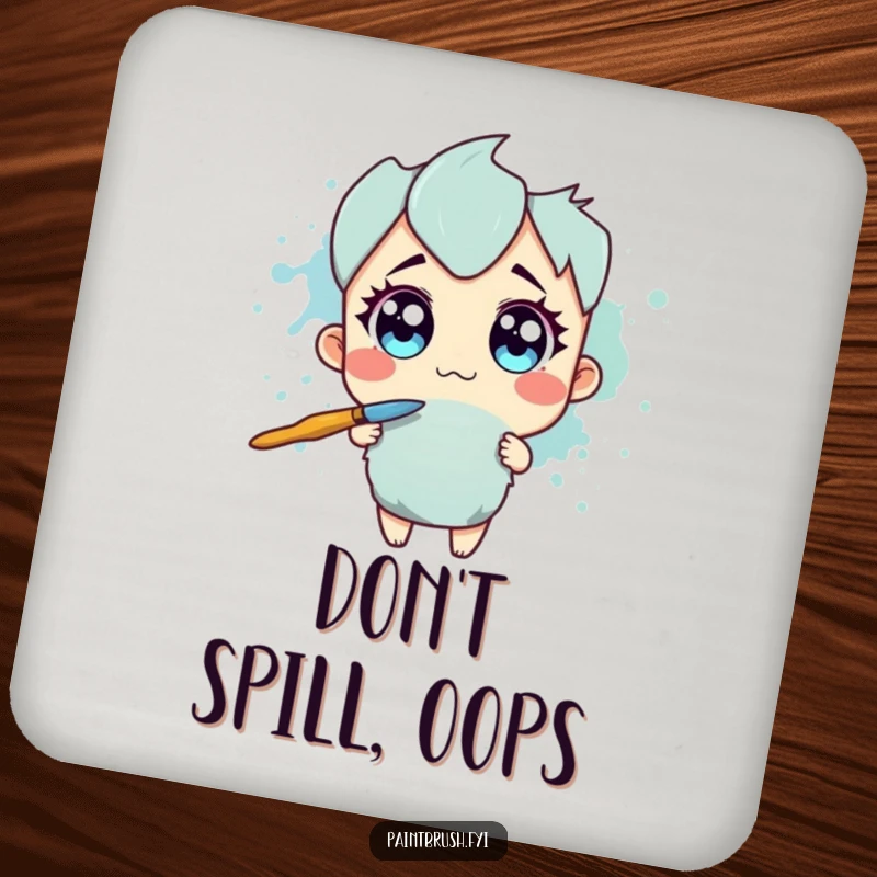 Funny Drink Coasters: Paintbrush character with wide eyes recoiling from a large ink splotch, humorous table protection.
