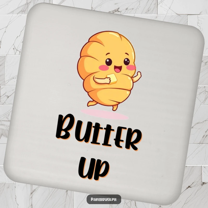 Funny croissant character doing a happy jig with a pat of butter, a cute and functional accent for any table.