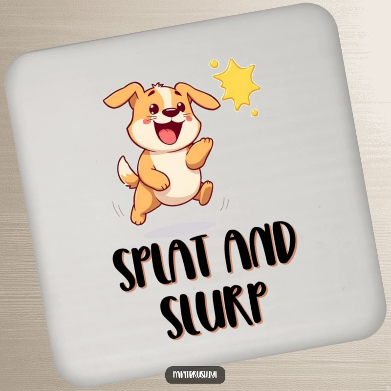 Funny dog drink coaster showing a bouncy dog excitedly chasing a flying paint splat, protecting surfaces with joy.