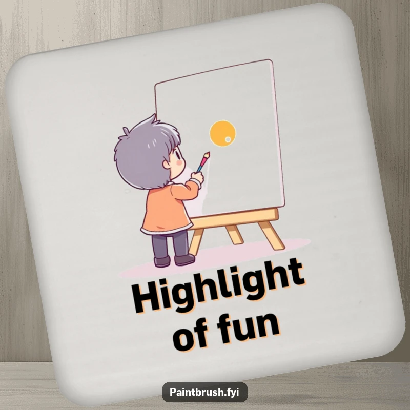 Funny character painting a single dot on a canvas, on a round drink coaster designed for minimalist art lovers.