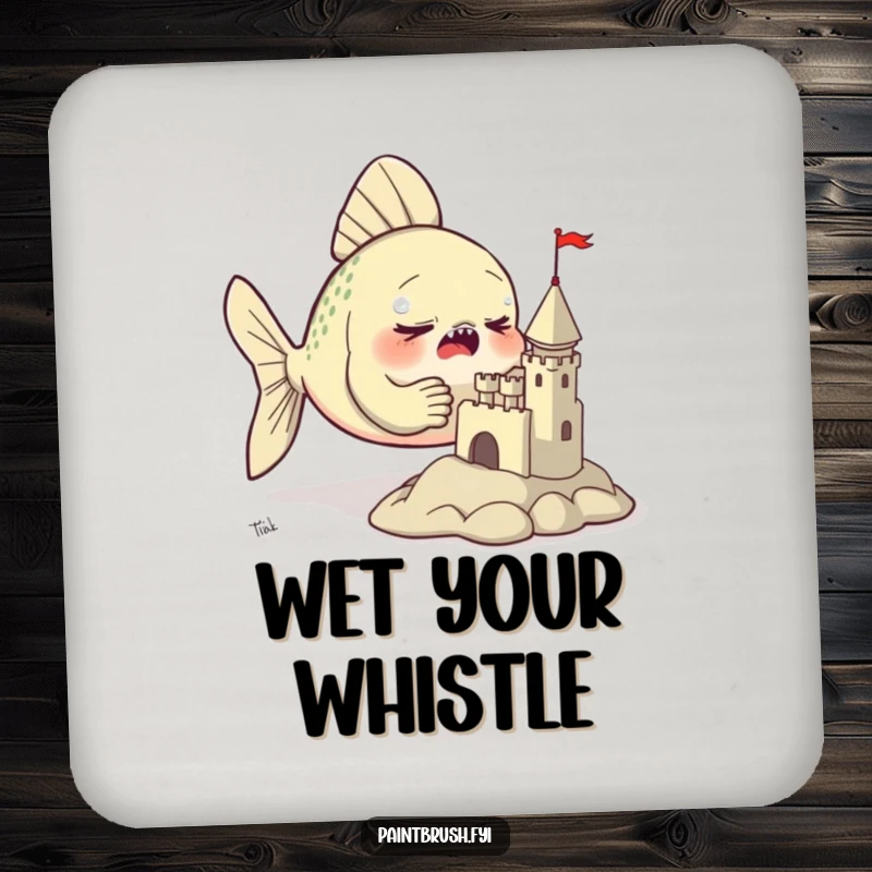 Funny coasters featuring a determined fish sculpting a tiny clay castle with its fins, adding artistic charm to tabletops.