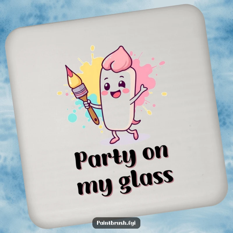 Funny coaster featuring a happy paintbrush character dancing with a paint splotch, adding playful art to tabletops.