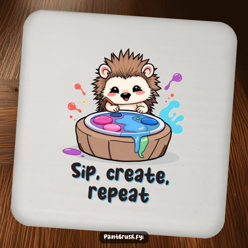 Funny coasters featuring a playful hedgehog artist rolling in vibrant paint palettes, adding a touch of artful humor to any table.