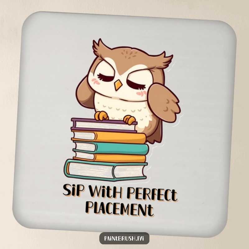 Funny drink coaster featuring a meticulous owl character straightening books, protecting tables with a humorous and orderly design.