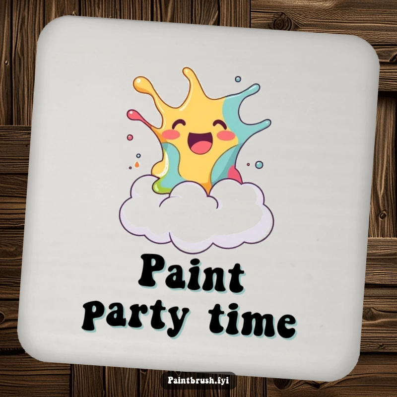 Funny drink coaster with a blob of paint joyfully splashing onto a surprised fluffy cloud, adding humorous flair, a nice funny gift.