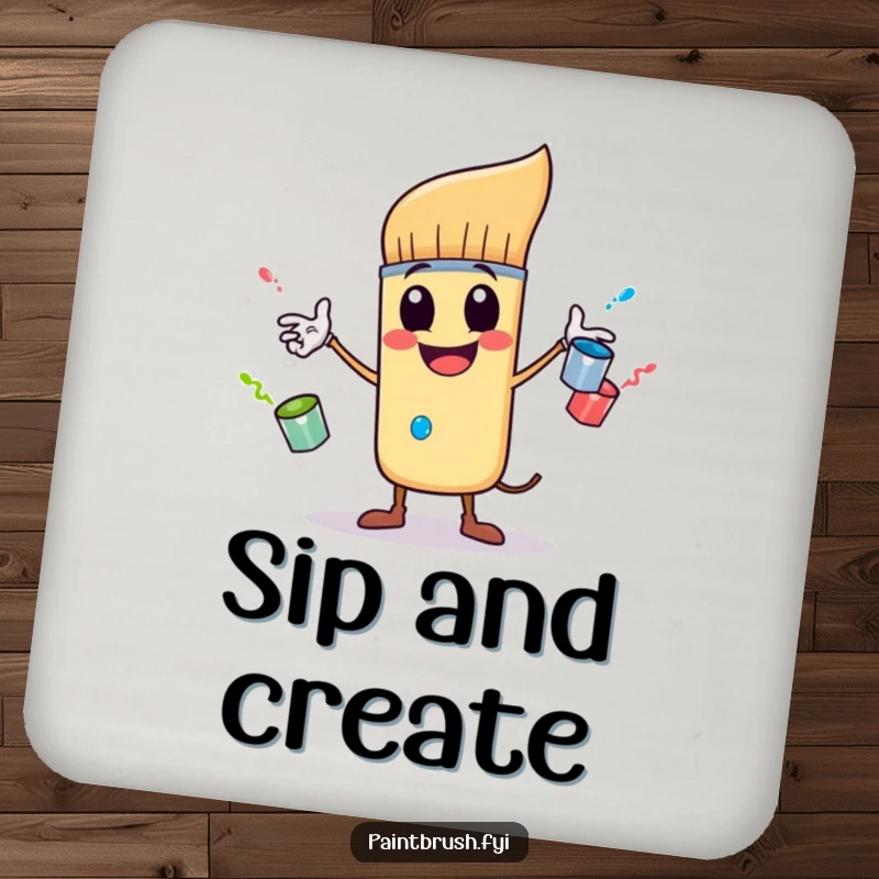 Funny drink coaster featuring a playful paintbrush character juggling three small, bouncing paint pots, offering artistic humor and protection.