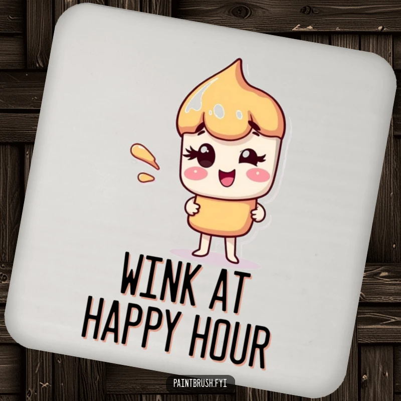 Funny drink coasters depicting a paintbrush character giving a playful wink, with a colorful paint streak.