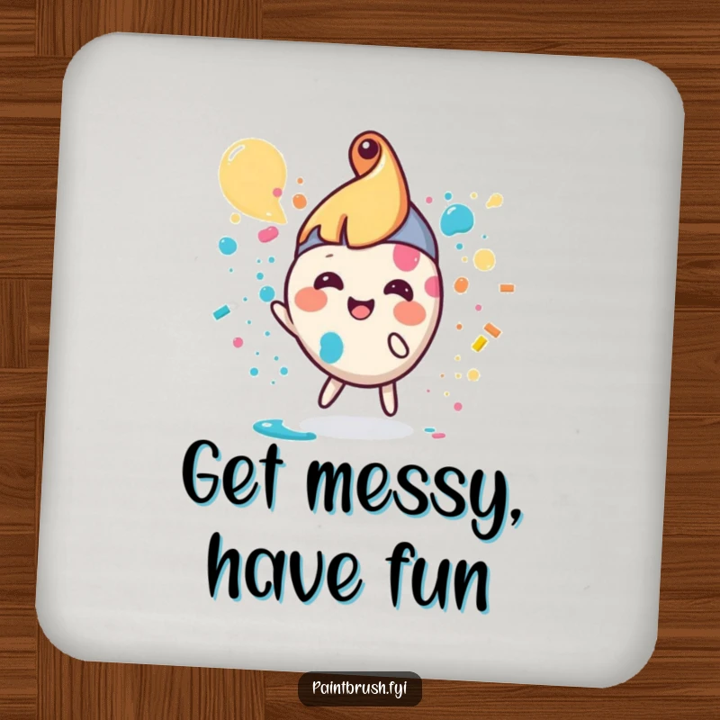Funny paintbrush coasters showing a small, round character joyfully splattering paint, protecting surfaces with humor.
