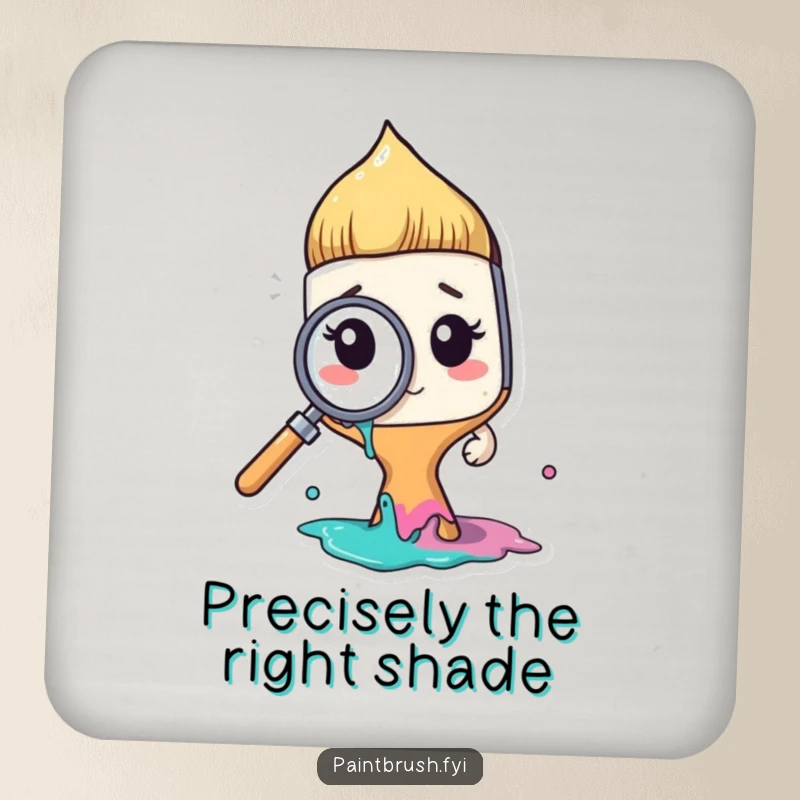 Funny paintbrush character examining paint with a magnifying glass, on a drink coaster, a funny and practical art accessory.