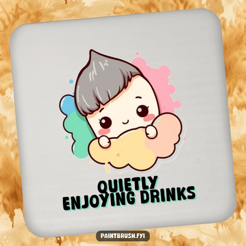 Funny Coaster: A shy paintbrush character hiding behind a blob of color, offering protection with a touch of introverted charm.